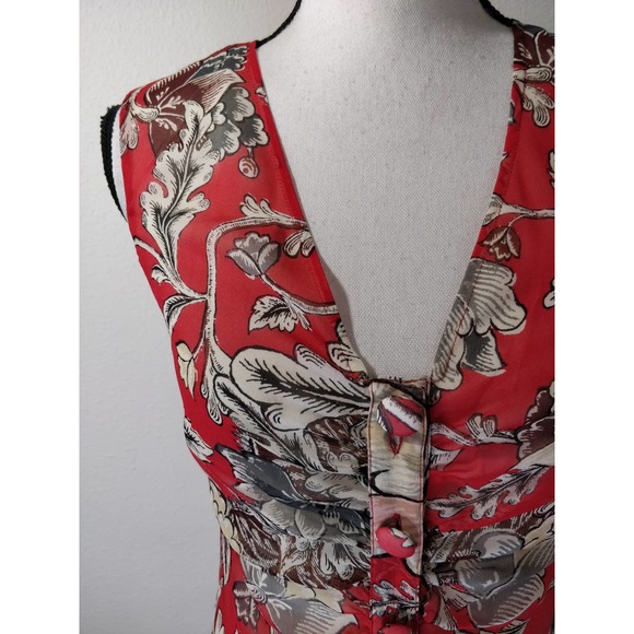 Diane Von Furstenberg Red Floral Print Silk Sleeveless V-Neck Button Top Size 4 - Picture 2 of 8